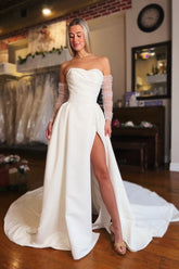 Chic White Strapless A-Line Sleeveless Long Satin Split Front Wedding Dresses With Ruffles